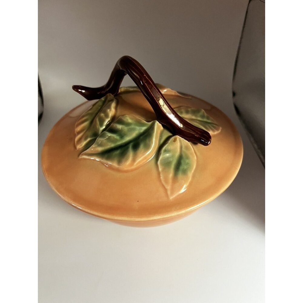 Vintage Belmar California USA Pottery Covered Dish Leaves with Twig Handle Peach